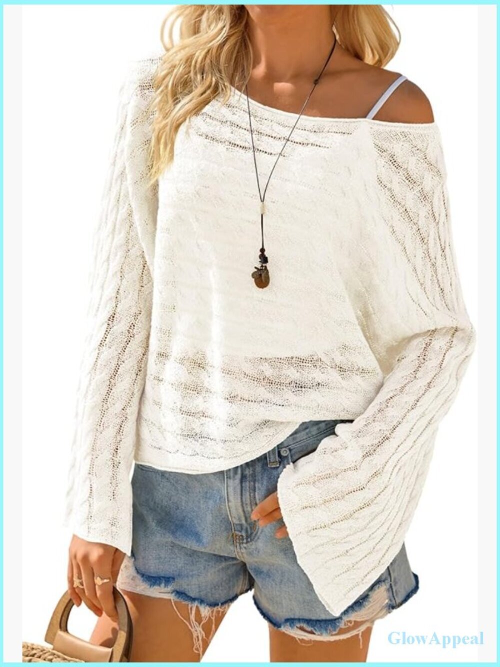 Sheer Cable Knit Off Shoulder Crop Top Beach Cover Up